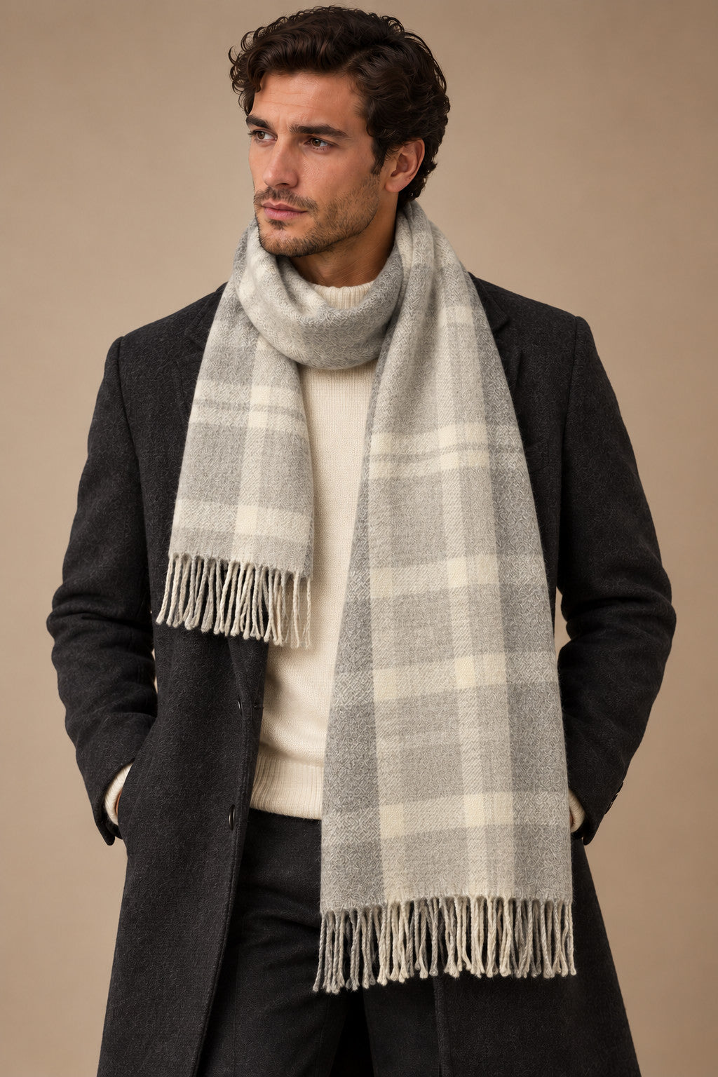 Sartorial İstanbul %100 Yün Kaşkol – Ekru Gri Ekose