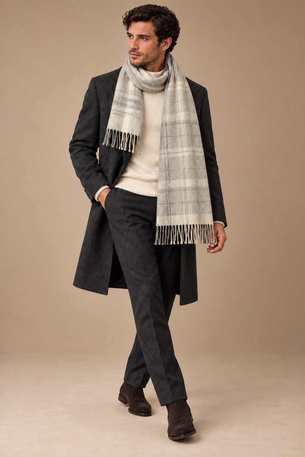 Sartorial İstanbul %100 Yün Kaşkol – Ekru Gri Ekose