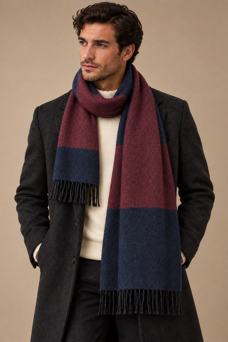 Sartorial İstanbul bordo lacivert blok %100 yün kaşkol, açı 1