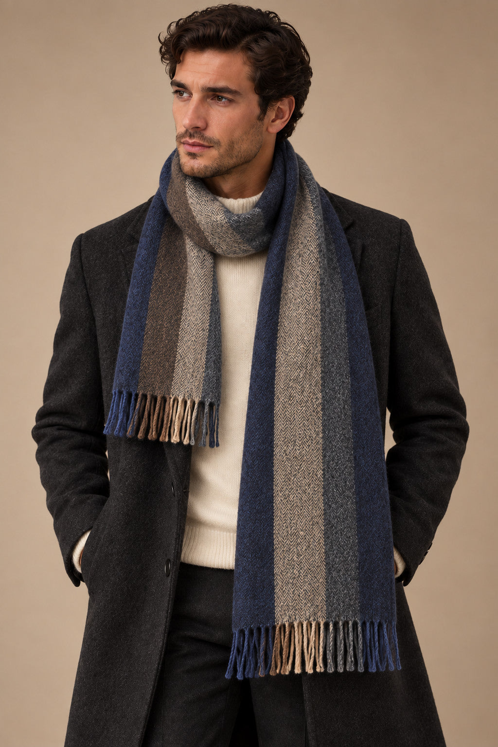 Sartorial İstanbul %100 Yün Kaşkol – Lacivert Kahverengi Çizgili