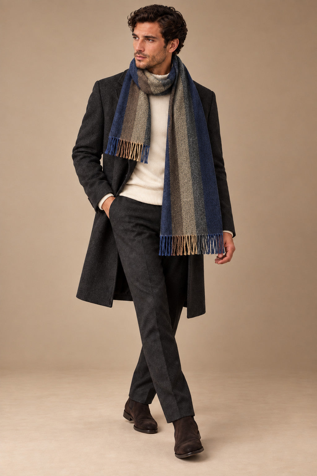 Sartorial İstanbul %100 Yün Kaşkol – Lacivert Kahverengi Çizgili
