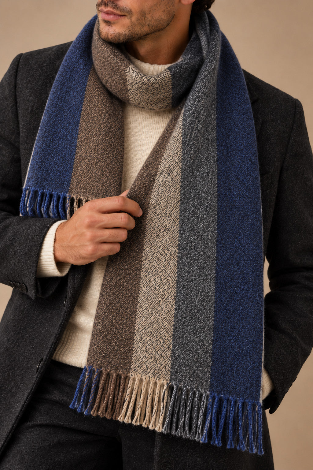 Sartorial İstanbul %100 Yün Kaşkol – Lacivert Kahverengi Çizgili