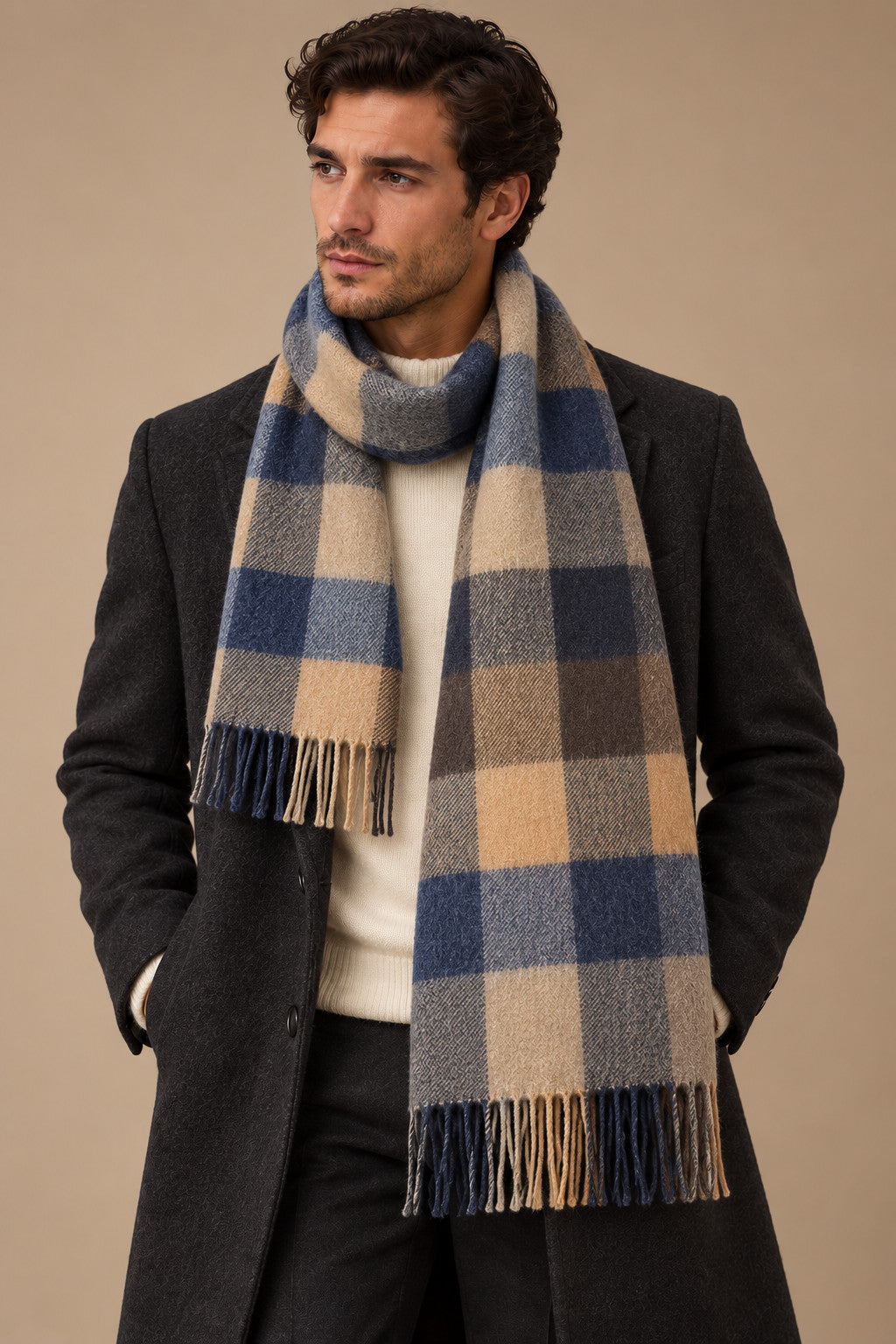 Sartorial İstanbul %100 Yün Kaşkol – Lacivert Bej Ekose