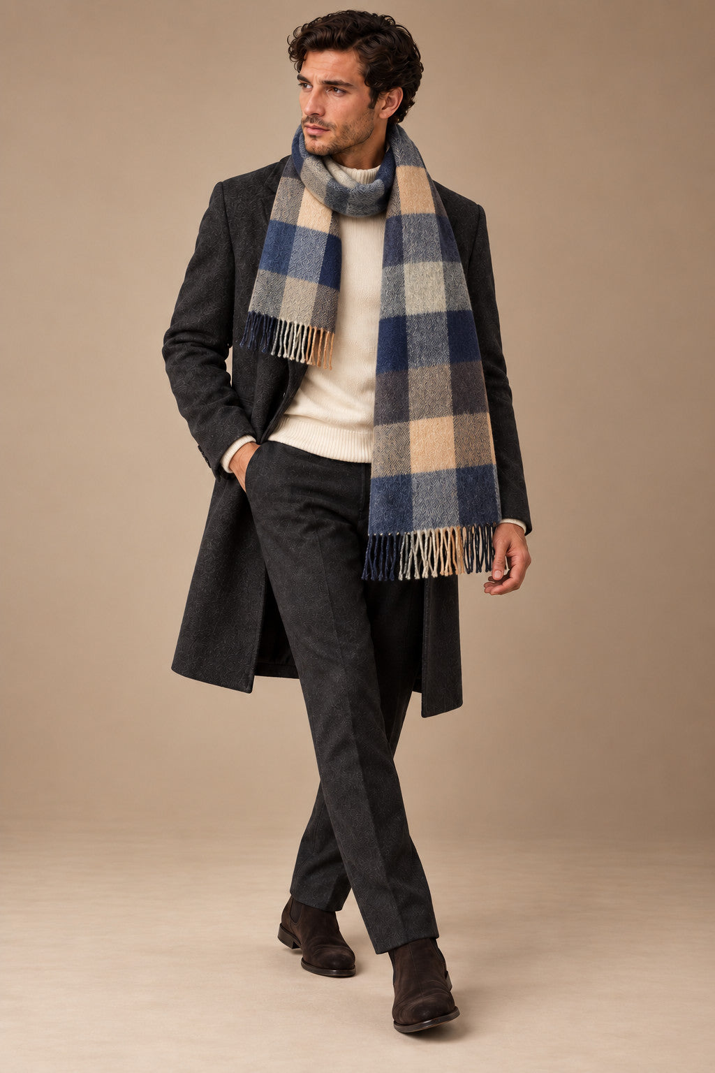 Sartorial İstanbul %100 Yün Kaşkol – Lacivert Bej Ekose