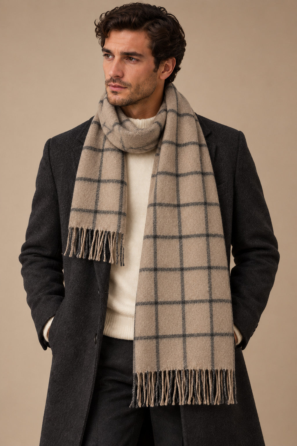 Sartorial İstanbul %100 Yün Kaşkol – Bej Antrasit Pencere Ekose