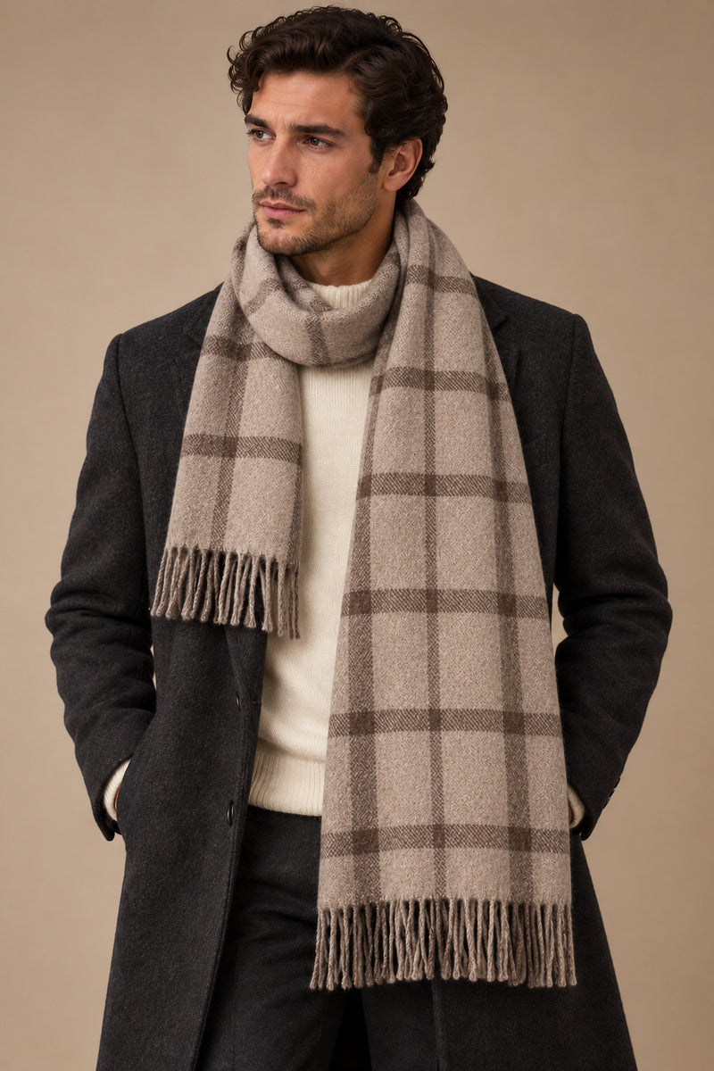 Sartorial İstanbul vizon kahverengi ekose %100 yün kaşkol, açı 1
