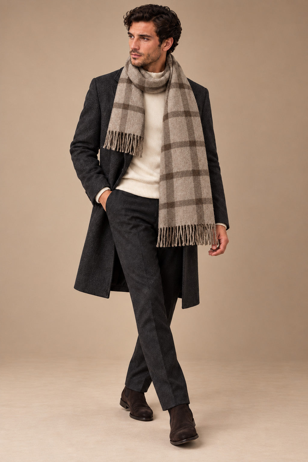 Sartorial İstanbul %100 Yün Kaşkol – Vizon Kahverengi Ekose