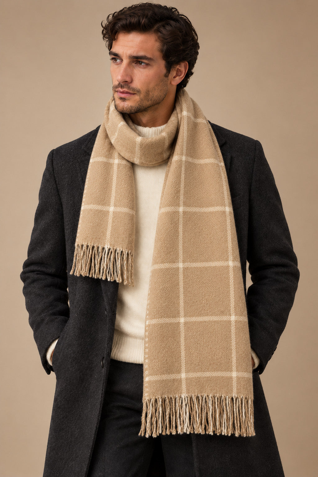 Sartorial İstanbul %100 Yün Kaşkol – Camel Pencere Ekose