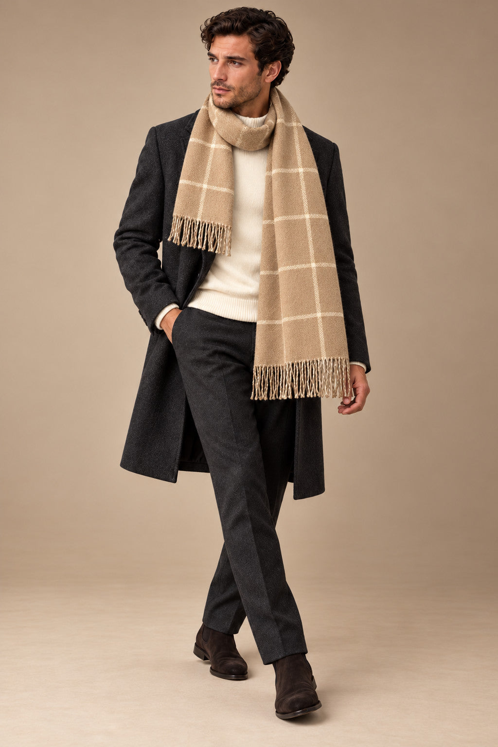 Sartorial İstanbul %100 Yün Kaşkol – Camel Pencere Ekose