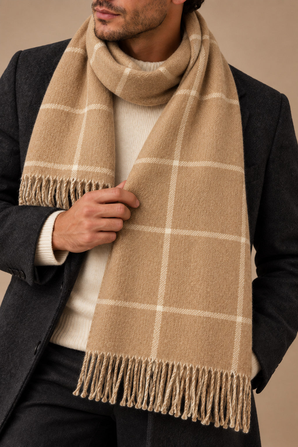 Sartorial İstanbul %100 Yün Kaşkol – Camel Pencere Ekose