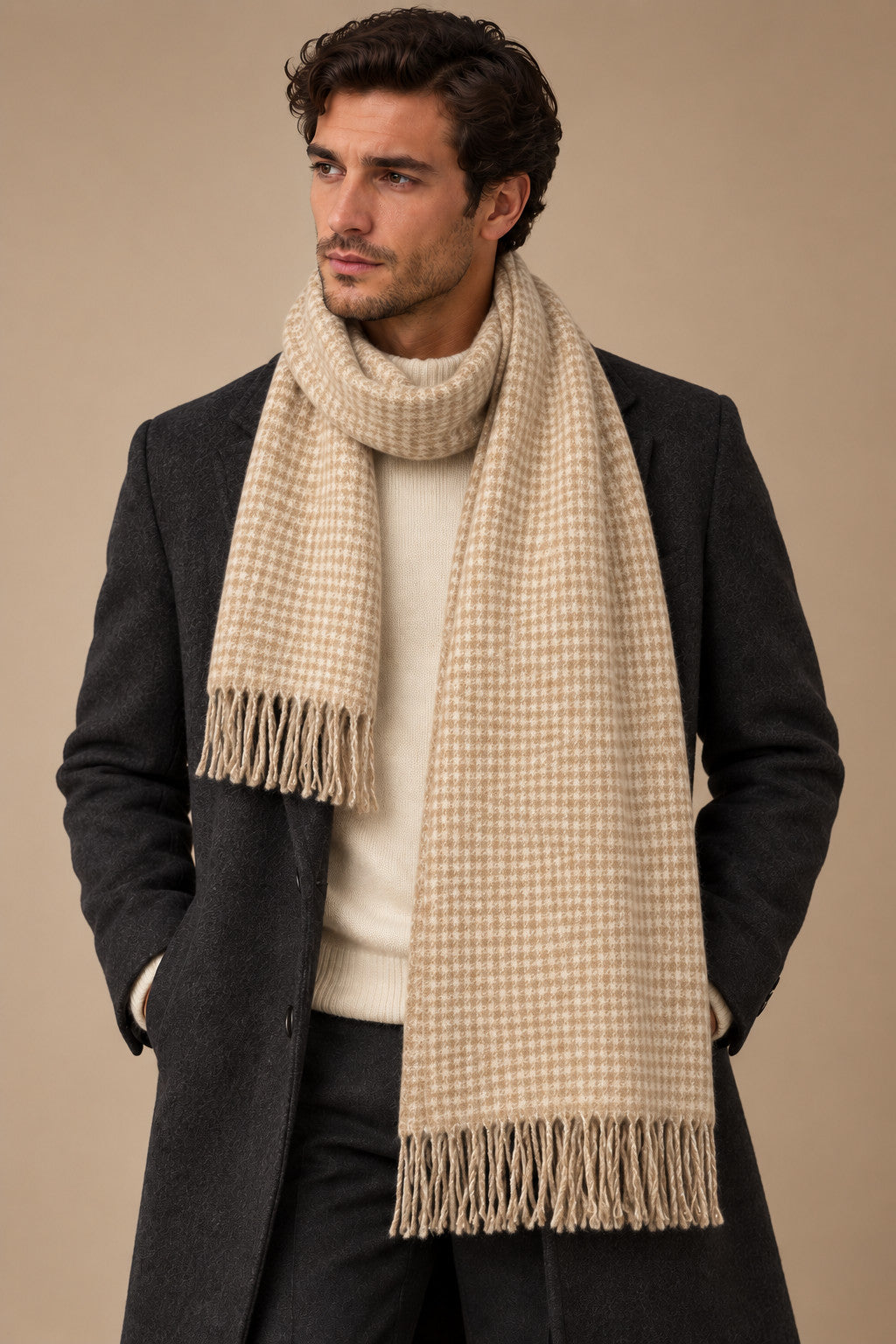 Sartorial İstanbul %100 Yün Kaşkol – Ekru Bej Mikro Ekose