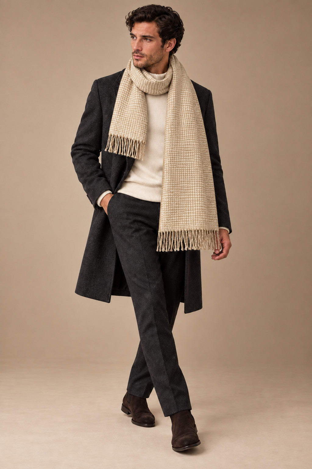 Sartorial İstanbul %100 Yün Kaşkol – Ekru Bej Mikro Ekose