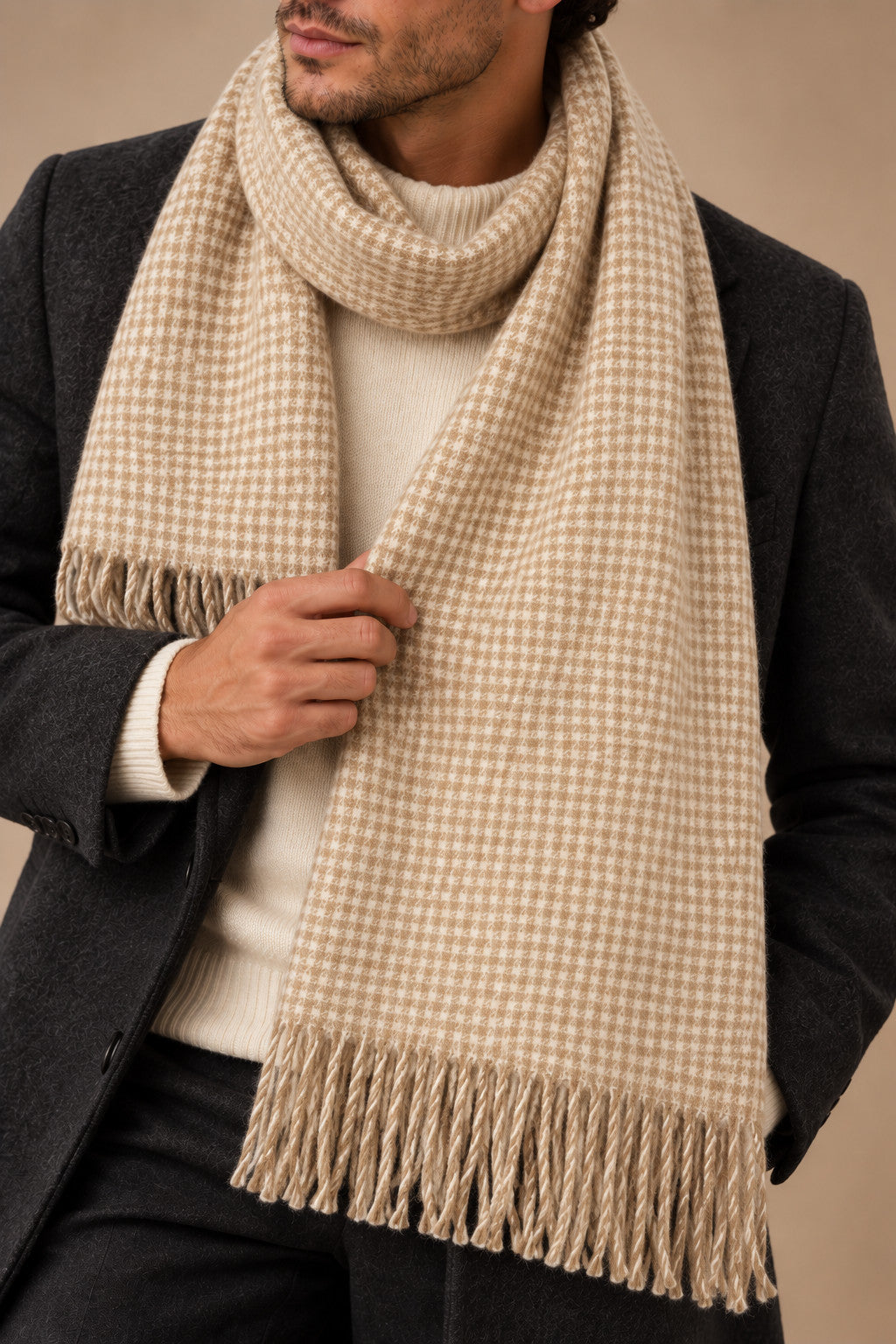 Sartorial İstanbul %100 Yün Kaşkol – Ekru Bej Mikro Ekose