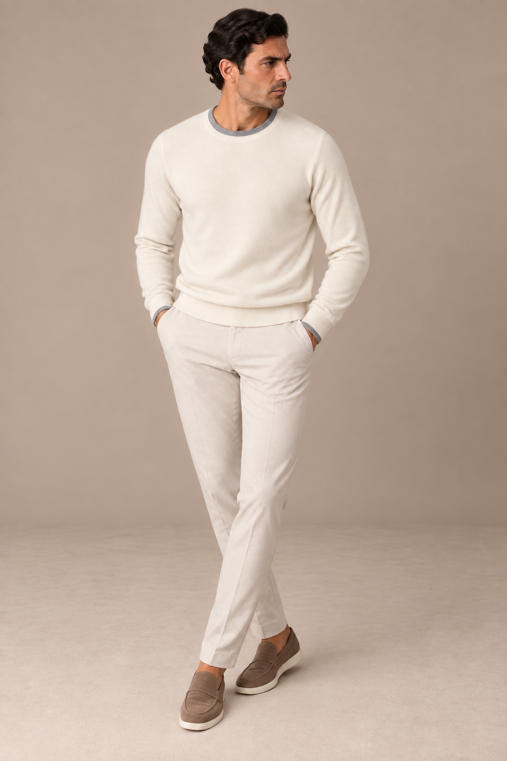 Sartorial İstanbul %100 Yün Bisiklet Yaka Triko - Ekru