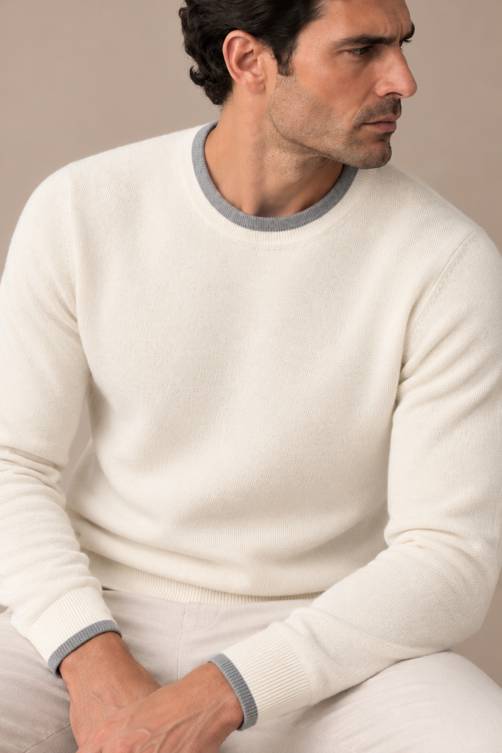 Sartorial İstanbul %100 Yün Bisiklet Yaka Triko - Ekru