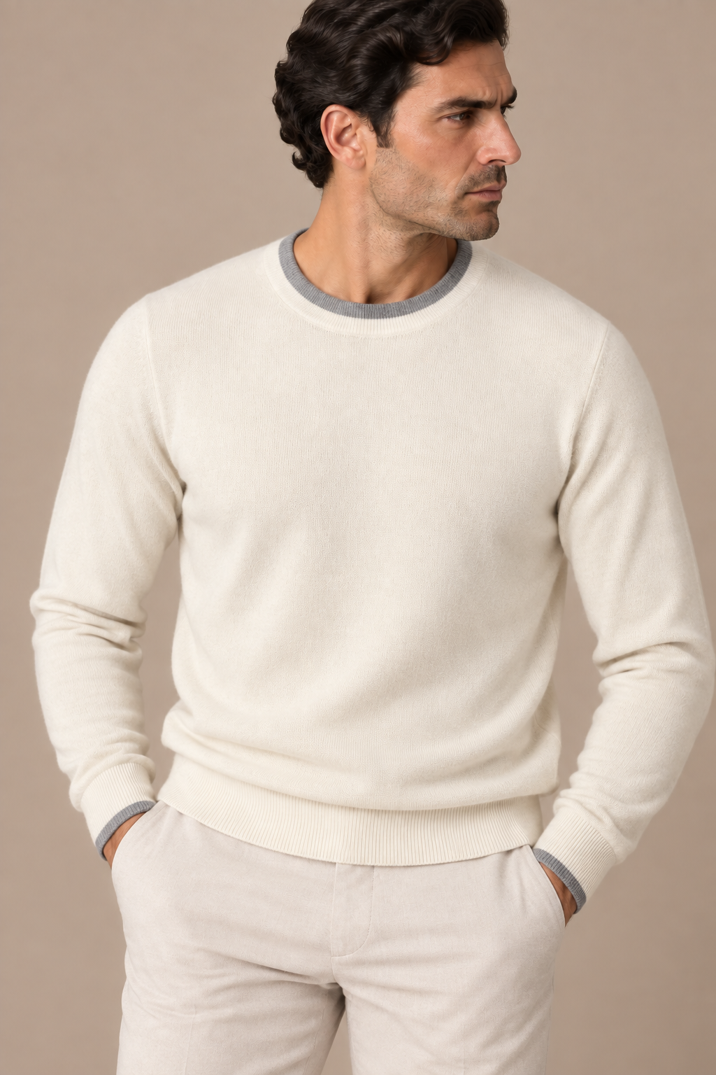Sartorial İstanbul %100 Yün Bisiklet Yaka Triko - Ekru