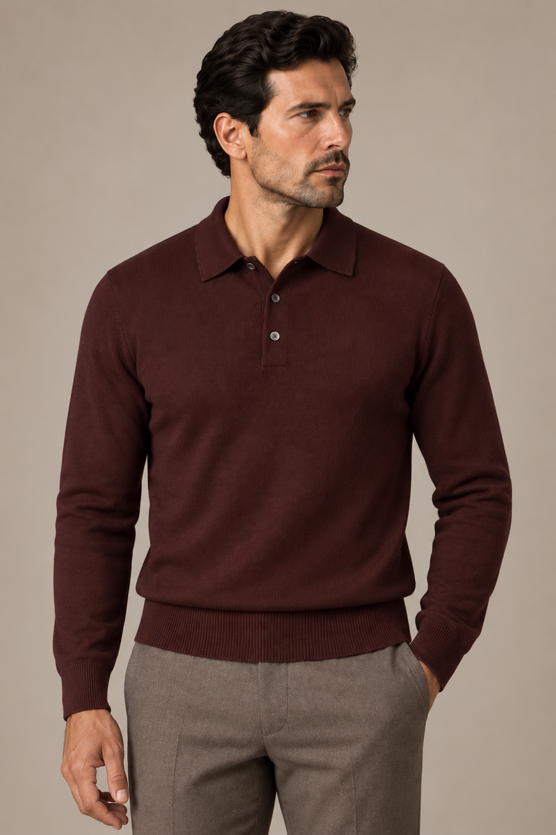 %100 yün uzun kollu polo yaka triko - Bordo - Görsel 1