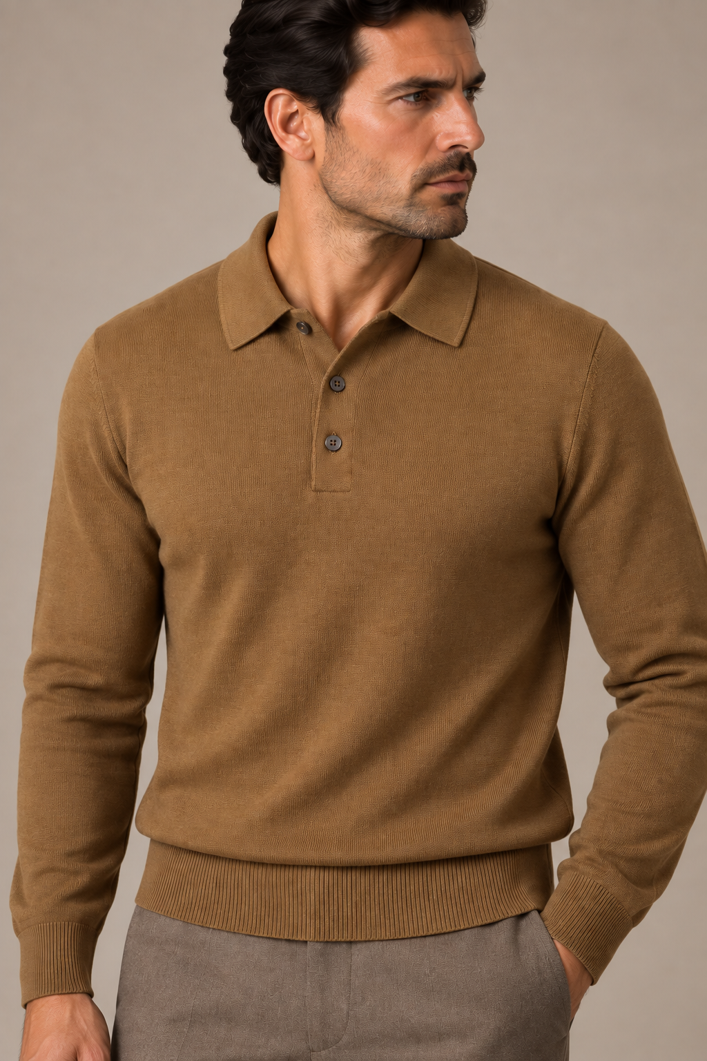 %100 Yün Uzun Kollu Polo Yaka Triko - Camel