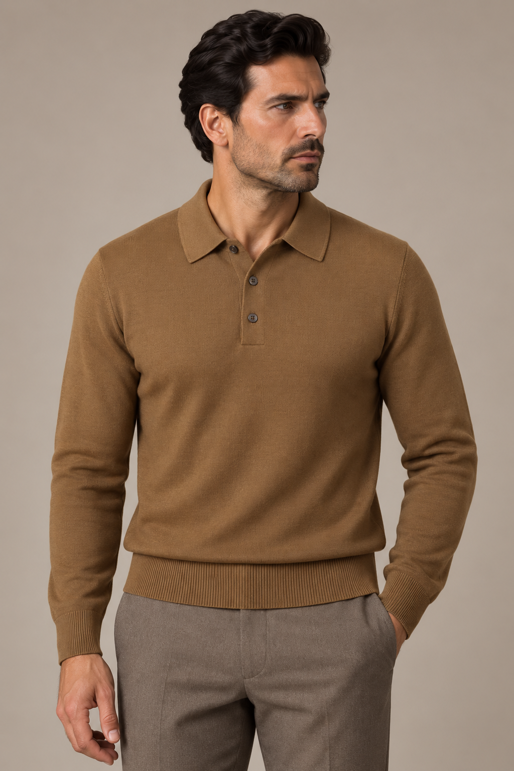 %100 Yün Uzun Kollu Polo Yaka Triko - Camel