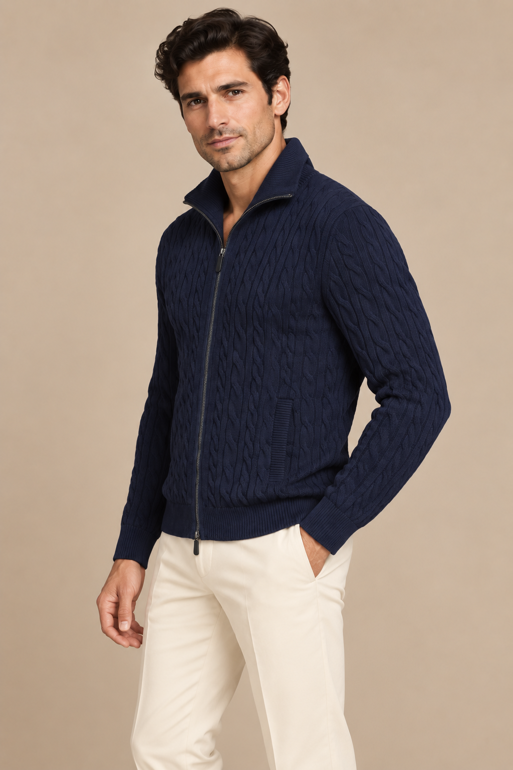 Saç Örgü Fermuarlı Yün Triko - Lacivert
