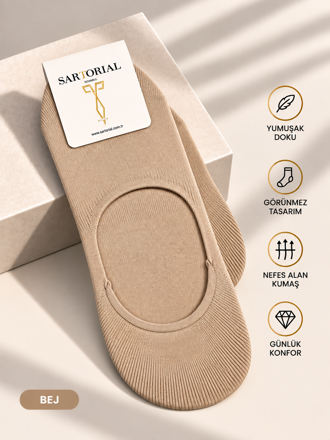 Sartorial İstanbul Bej Silikon Destekli Pamuklu Babet Çorap 40–44