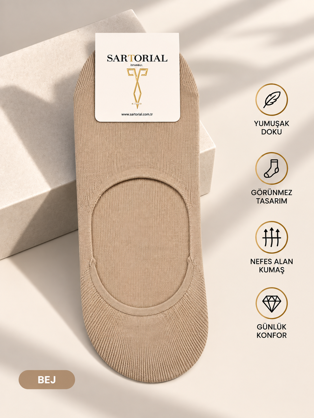 Sartorial İstanbul Bej Silikon Destekli Pamuklu Babet Çorap 40–44