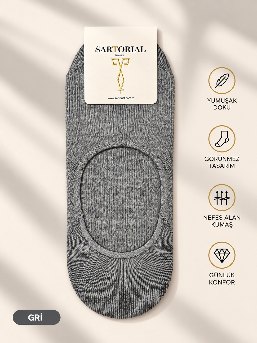 Sartorial İstanbul Gri Silikon Destekli Pamuklu Babet Çorap 40–44
