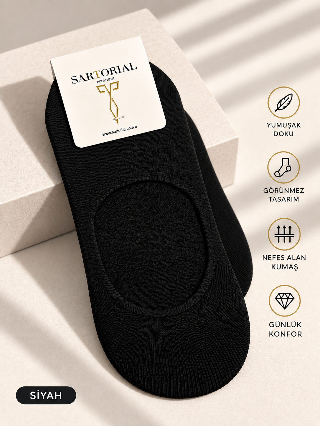 Sartorial İstanbul Siyah Silikon Destekli Pamuklu Babet Çorap 40–44