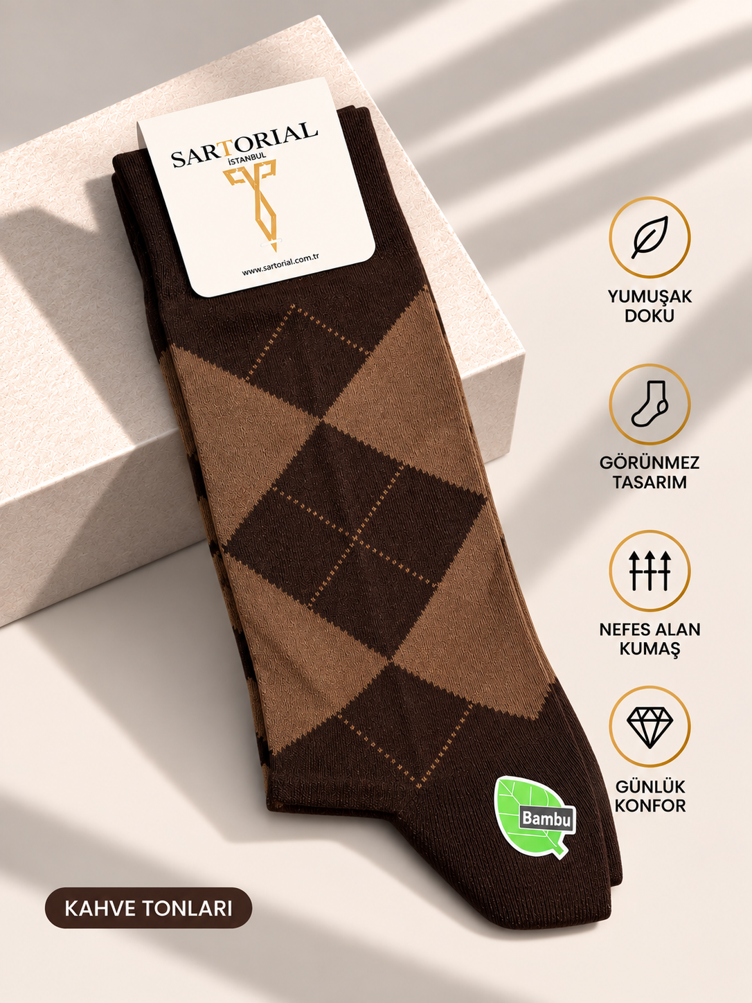 Sartorial İstanbul Kahve Tonları Baklava Desenli Bambu Çorap 40–44