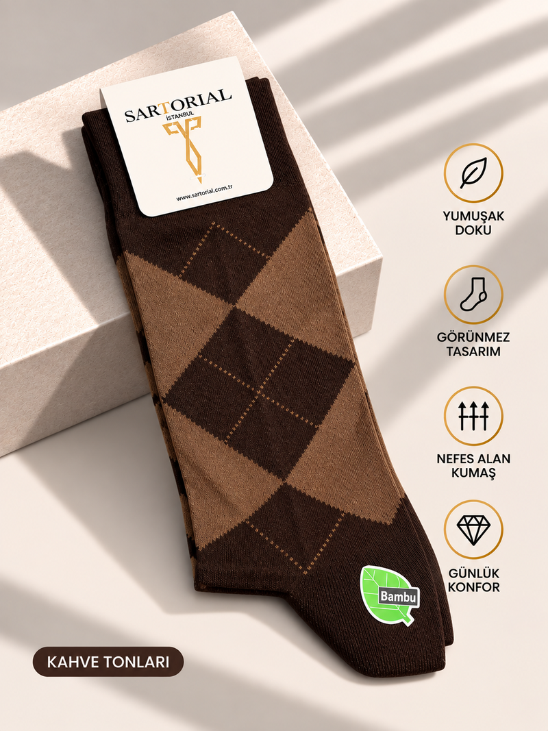 Sartorial İstanbul kahve tonları baklava desenli bambu çorap önden görünüm