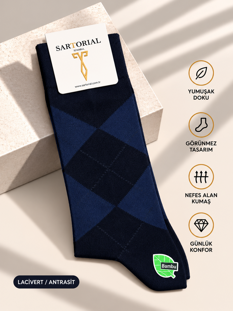 Sartorial İstanbul lacivert / antrasit baklava desenli bambu çorap önden görünüm