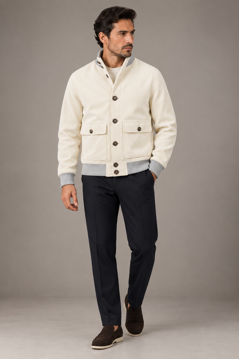Sartorial Istanbul beyaz kadife pilot mont ön görünüm