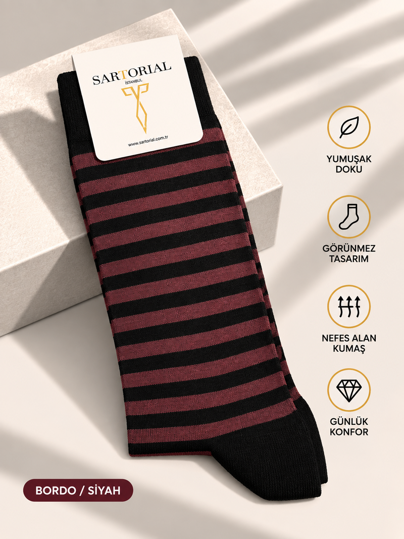 Sartorial İstanbul bordo / siyah çizgili çorap önden görünüm