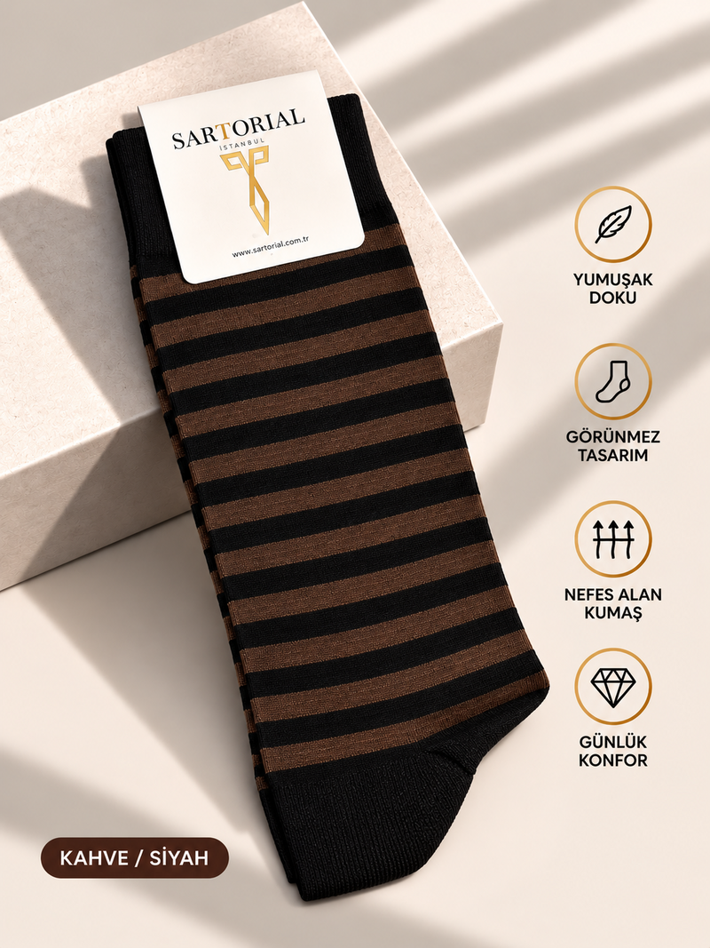 Sartorial İstanbul kahve / siyah çizgili çorap önden görünüm