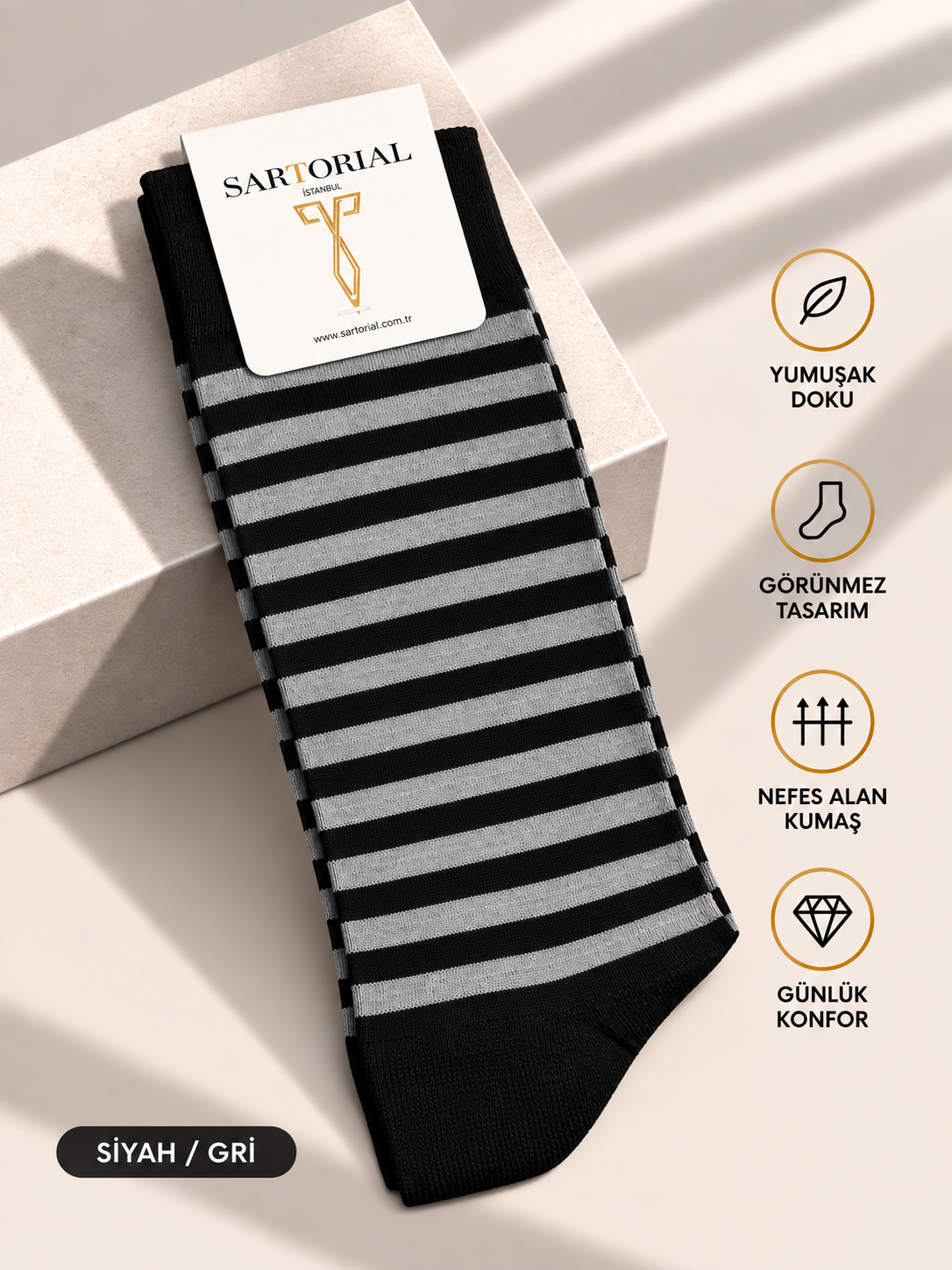 Sartorial İstanbul Siyah / Gri Çizgili Pamuklu Çorap 40–44