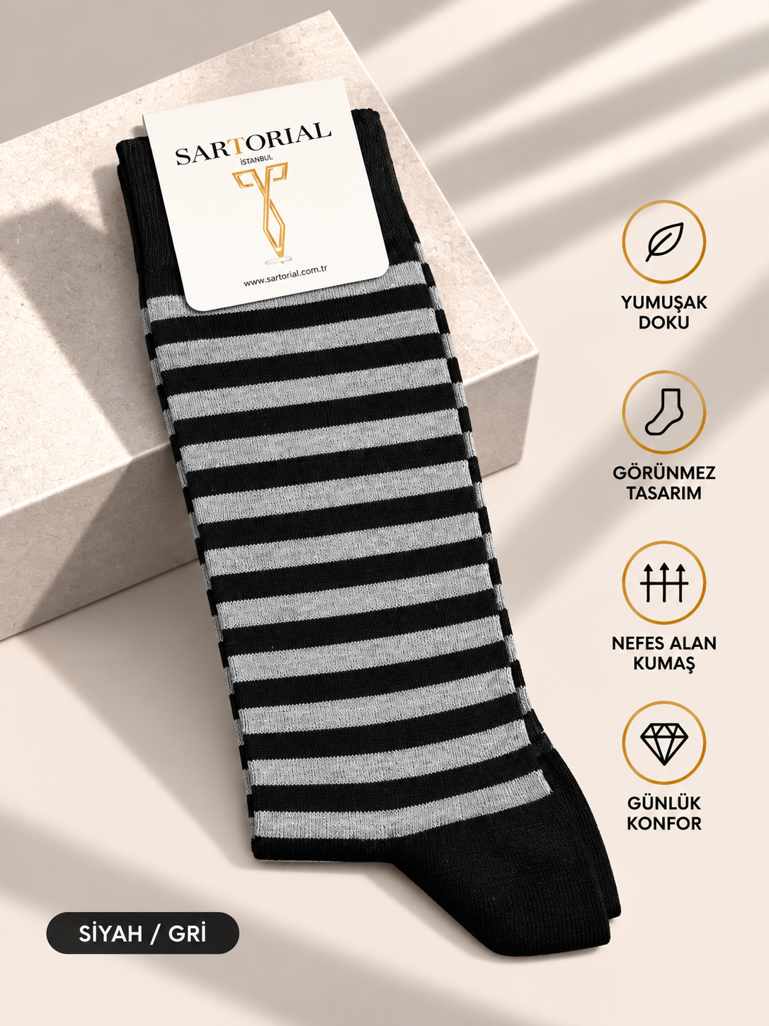 Sartorial İstanbul Siyah / Gri Çizgili Pamuklu Çorap 40–44