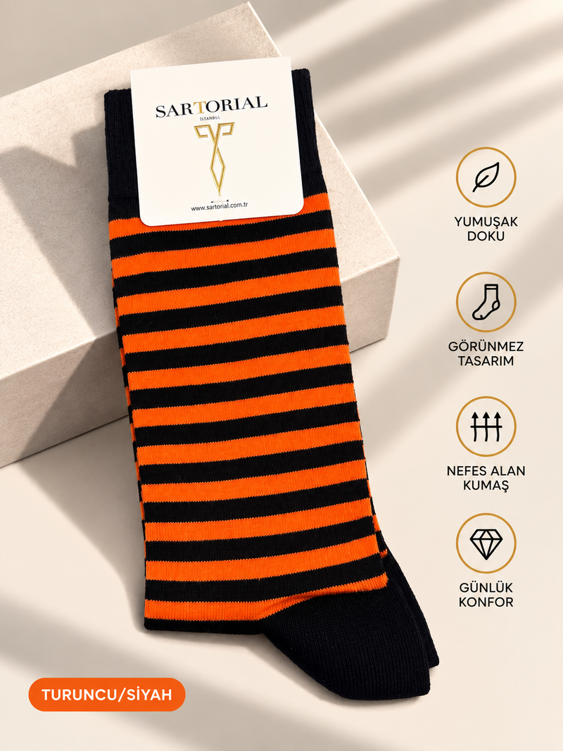Sartorial İstanbul turuncu / siyah çizgili çorap önden görünüm