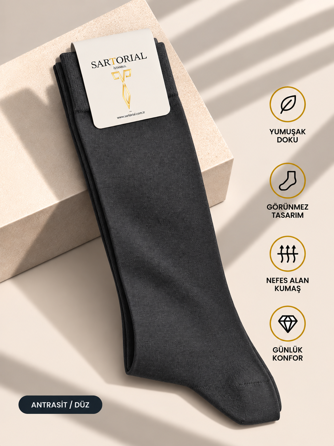 Sartorial İstanbul Antrasit Düz Merserize Pamuklu Çorap 40–44