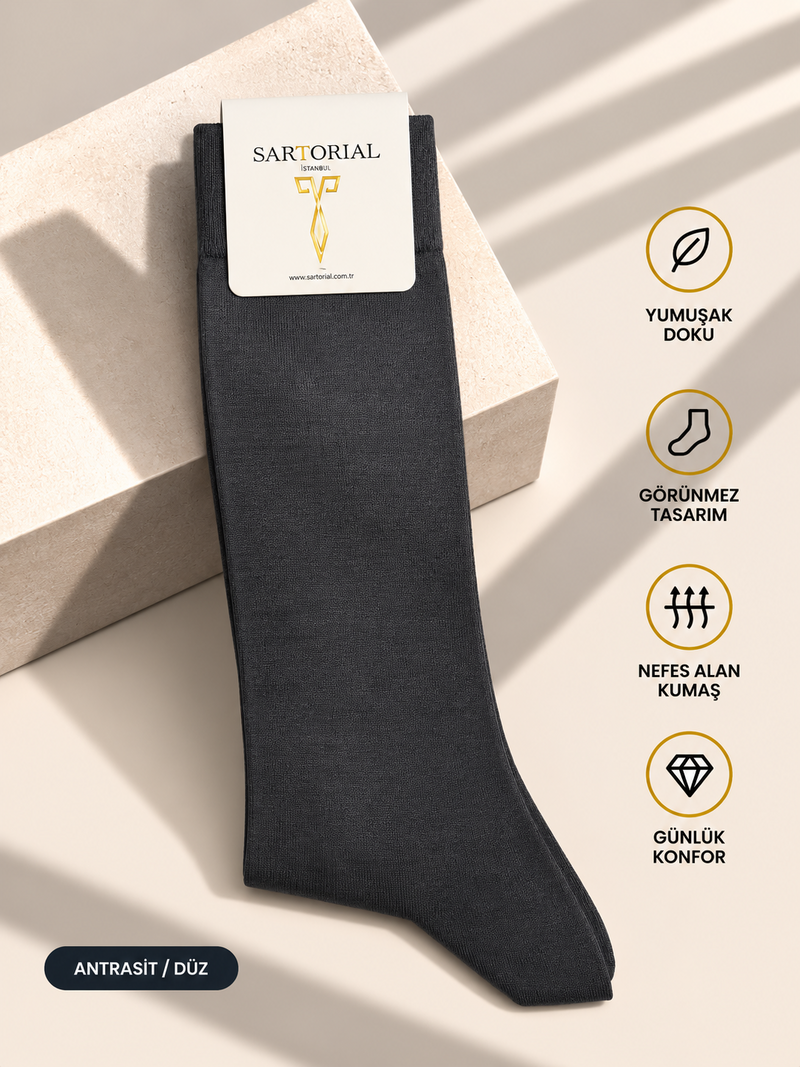 Sartorial İstanbul antrasit düz merserize pamuklu çorap önden görünüm