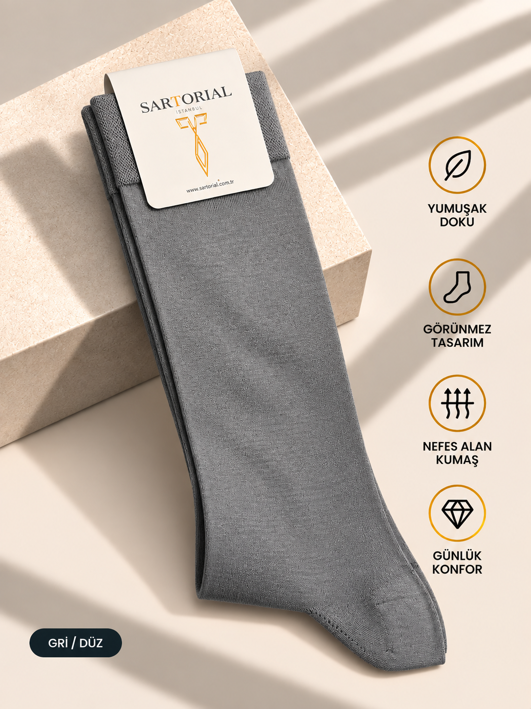 Sartorial İstanbul Gri Düz Merserize Pamuklu Çorap 40–44