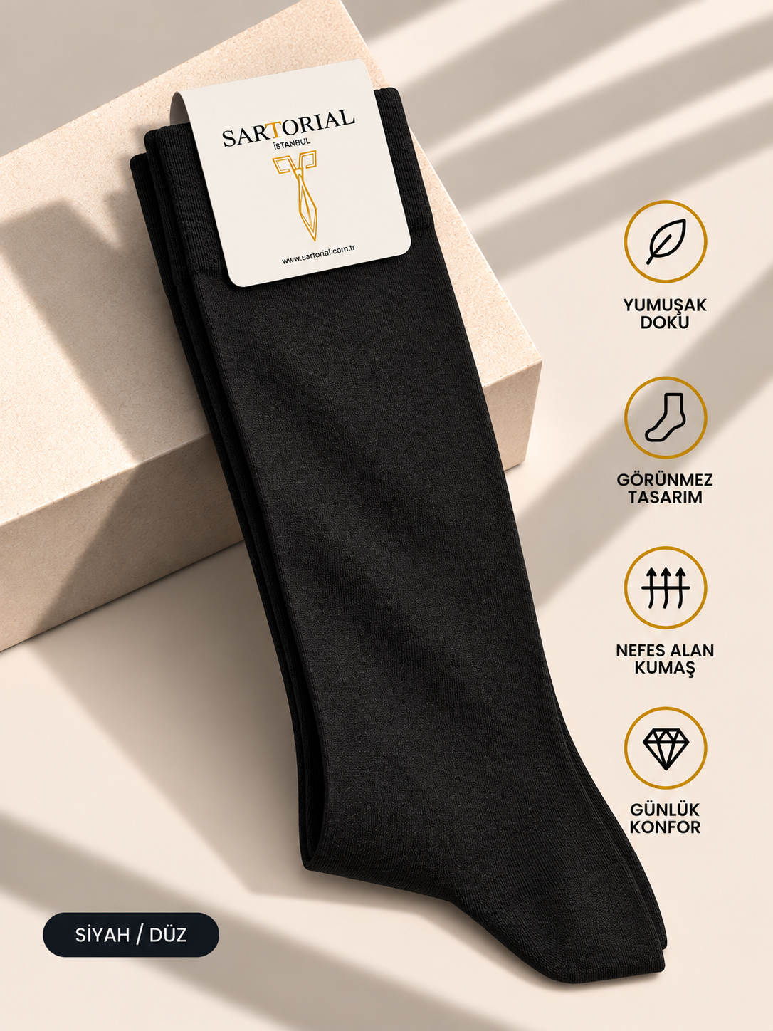 Sartorial İstanbul Siyah Düz Merserize Pamuklu Çorap 40–44