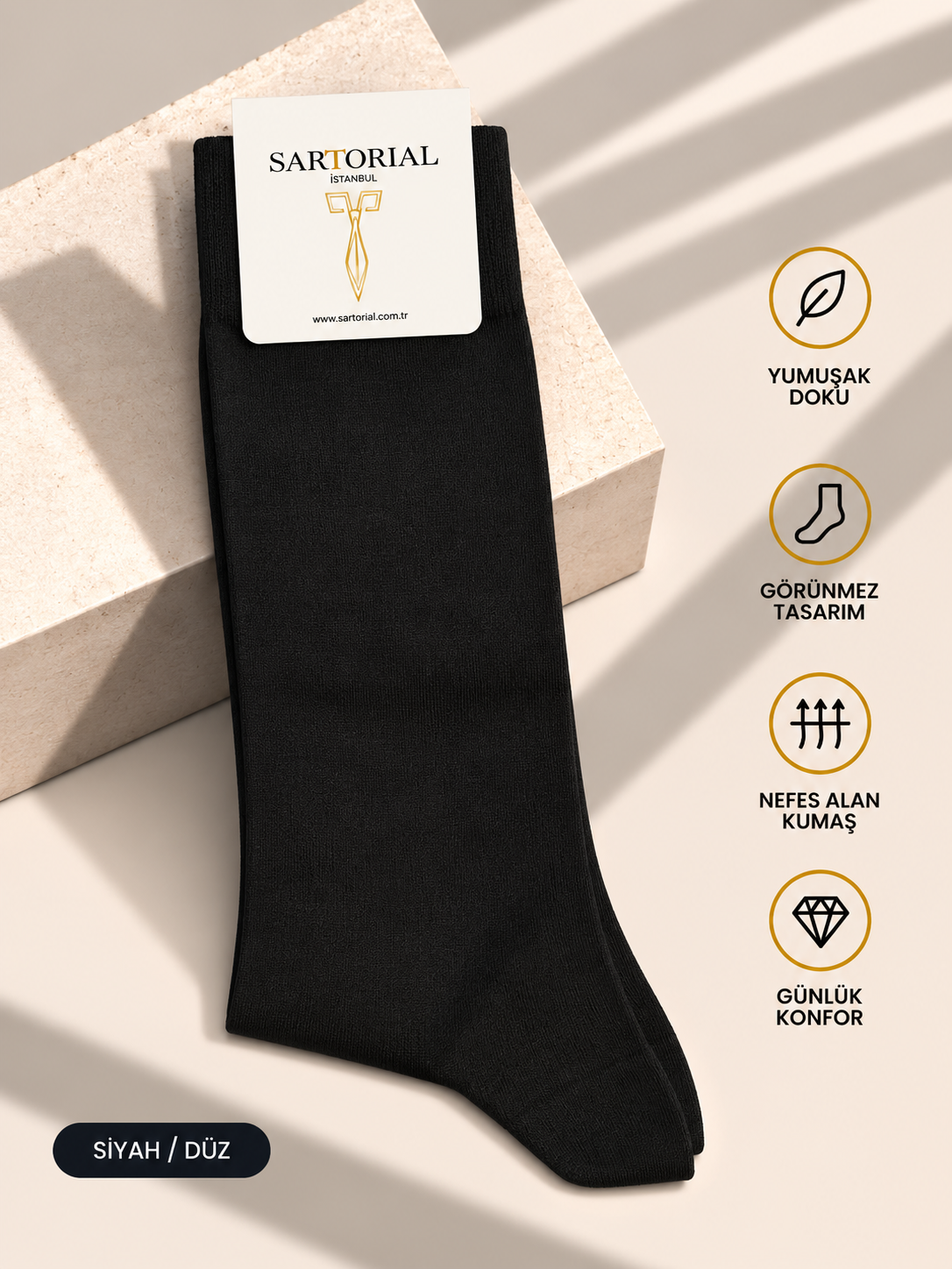Sartorial İstanbul Siyah Düz Merserize Pamuklu Çorap 40–44