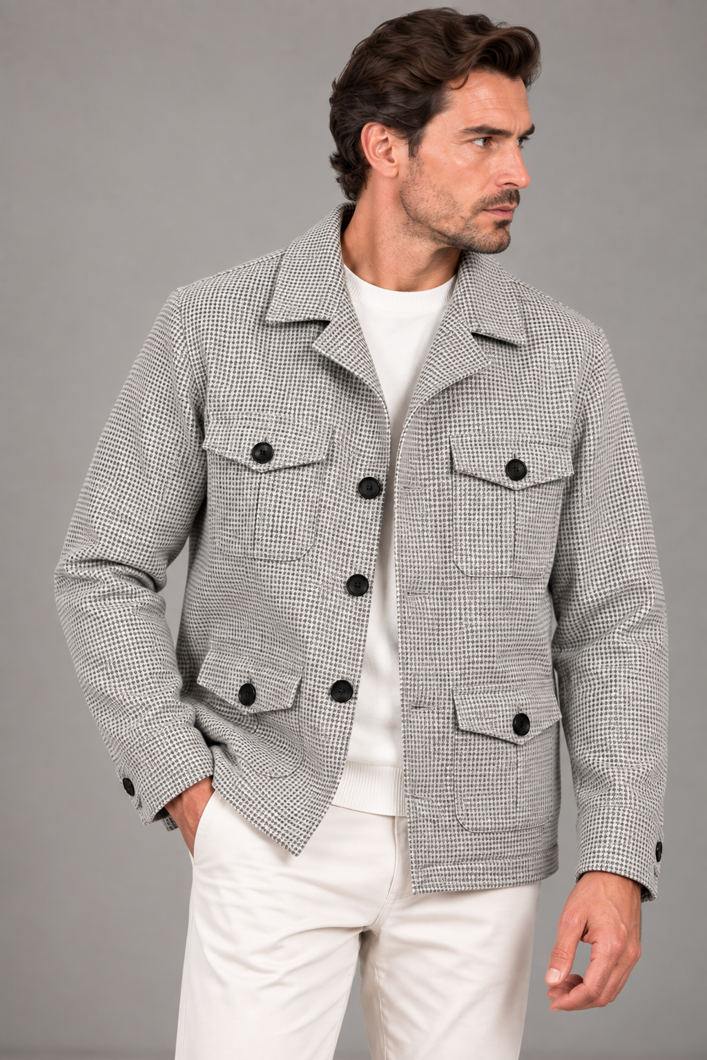 Sartorial İstanbul Gri Kazayağı Desenli Vitale Barberis Yün Safari Ceket
