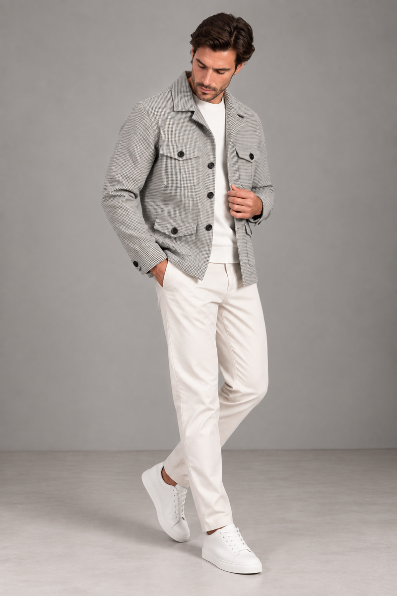Sartorial İstanbul gri kazayağı desenli Vitale Barberis yün safari ceket tam boy açılı görünüm