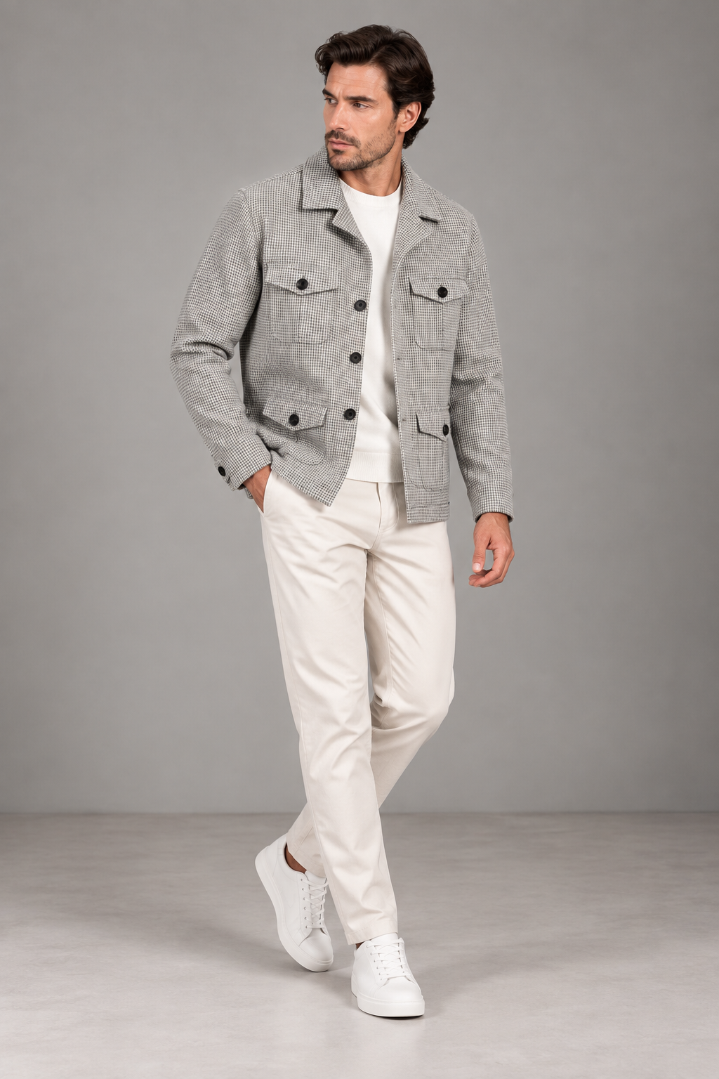 Sartorial İstanbul Gri Kazayağı Desenli Vitale Barberis Yün Safari Ceket