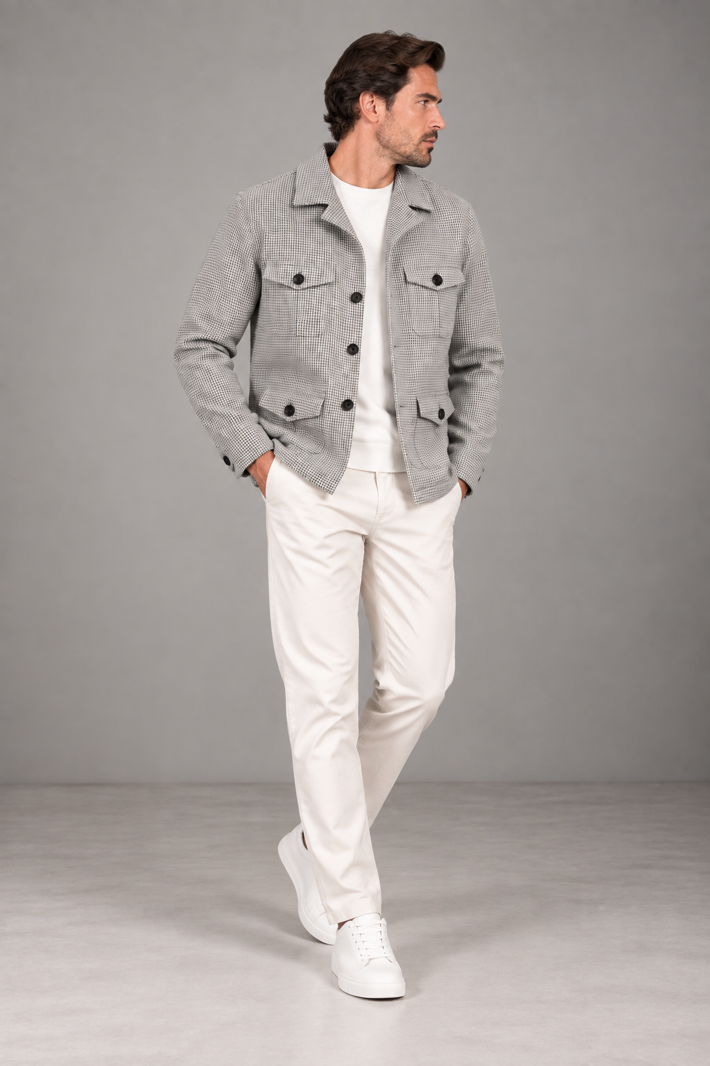 Sartorial İstanbul Gri Kazayağı Desenli Vitale Barberis Yün Safari Ceket