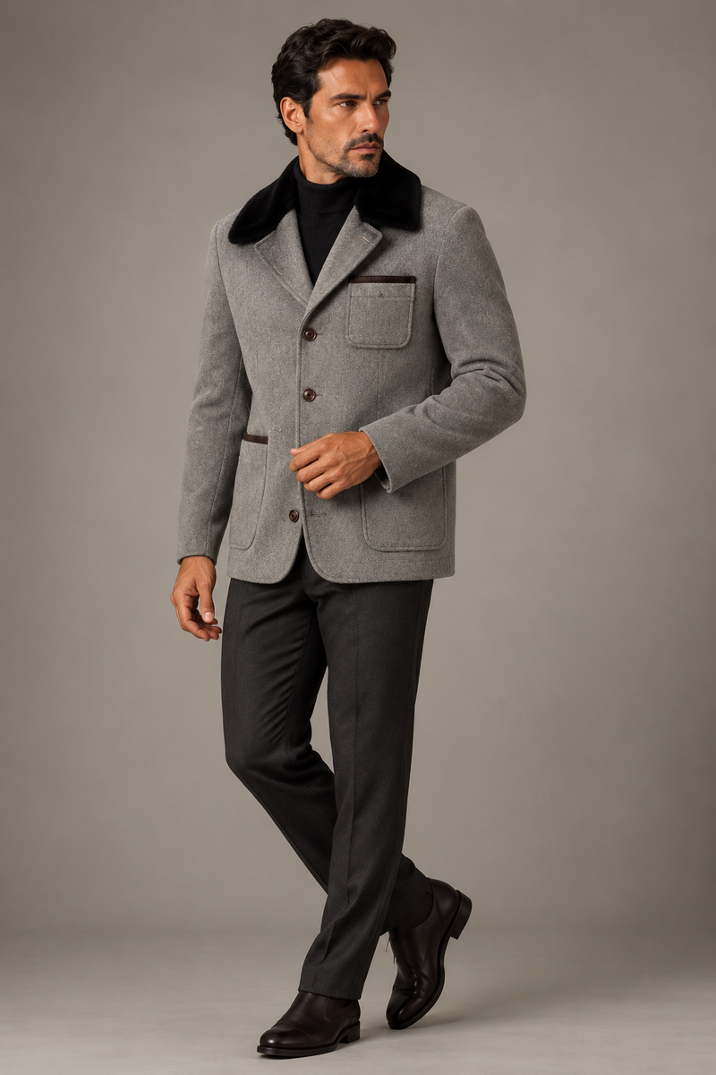 Sartorial Istanbul gri yün kaşmir kürklü mont ön görünüm
