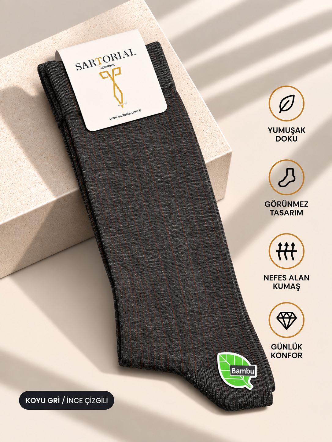 Sartorial İstanbul Koyu Gri İnce Çizgili Bambu Derby Çorap 40–44