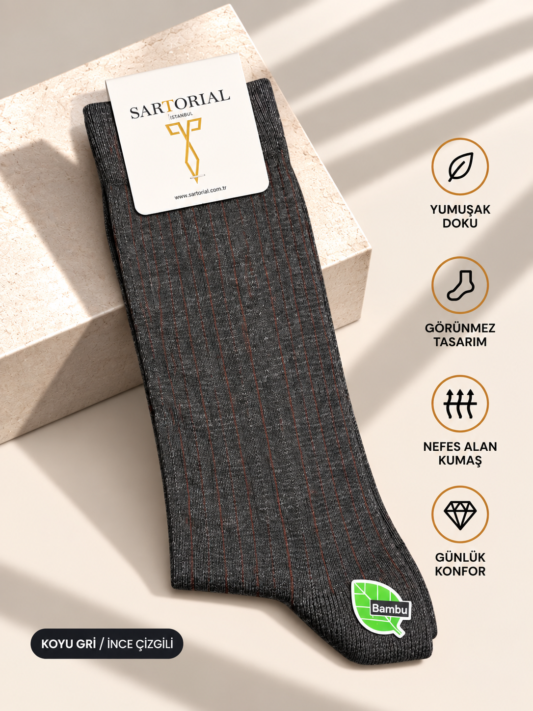 Sartorial İstanbul Koyu Gri İnce Çizgili Bambu Derby Çorap 40–44
