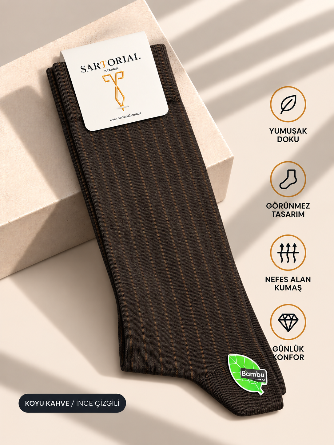 Sartorial İstanbul Koyu Kahve İnce Çizgili Bambu Derby Çorap 40–44